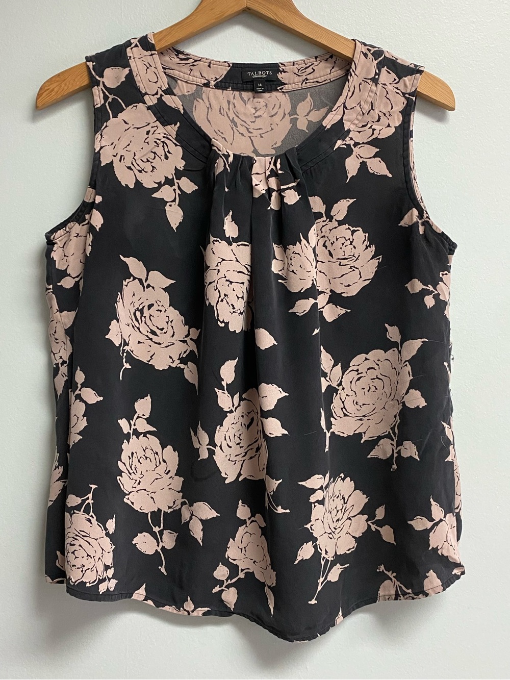 Talbots Black Sleeveless Blouse with Blush Floral Print